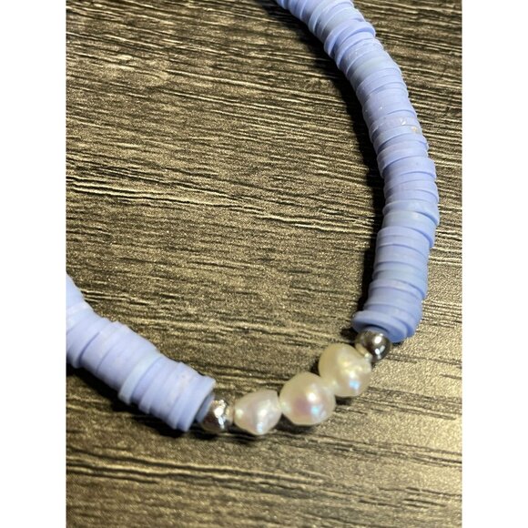 NEW polymer clay mother of pearl bracelet handmade blue silver beaded boho - Picture 3 of 6